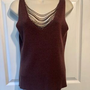 Meritage Chocolate Brown Knit Tank Top with built-in beaded necklace